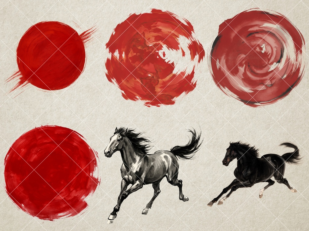 【商用利用可】和風・馬のイラスト素材集 44点セット|ヴィンテージ・墨絵風・背景透過PNG