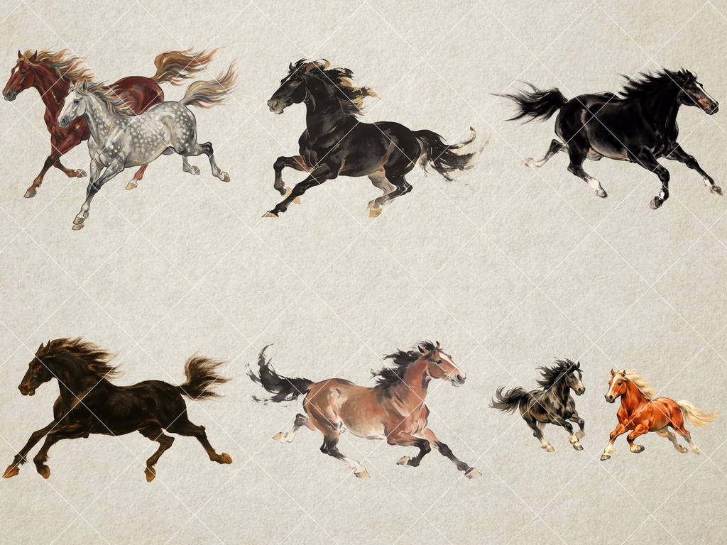【商用利用可】和風・馬のイラスト素材集 44点セット|ヴィンテージ・墨絵風・背景透過PNG