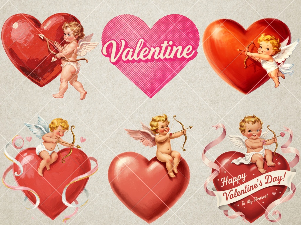 【44点】レトロ・バレンタイン素材集:猫とハートのヴィンテージ風クリップアート(商用利用可)