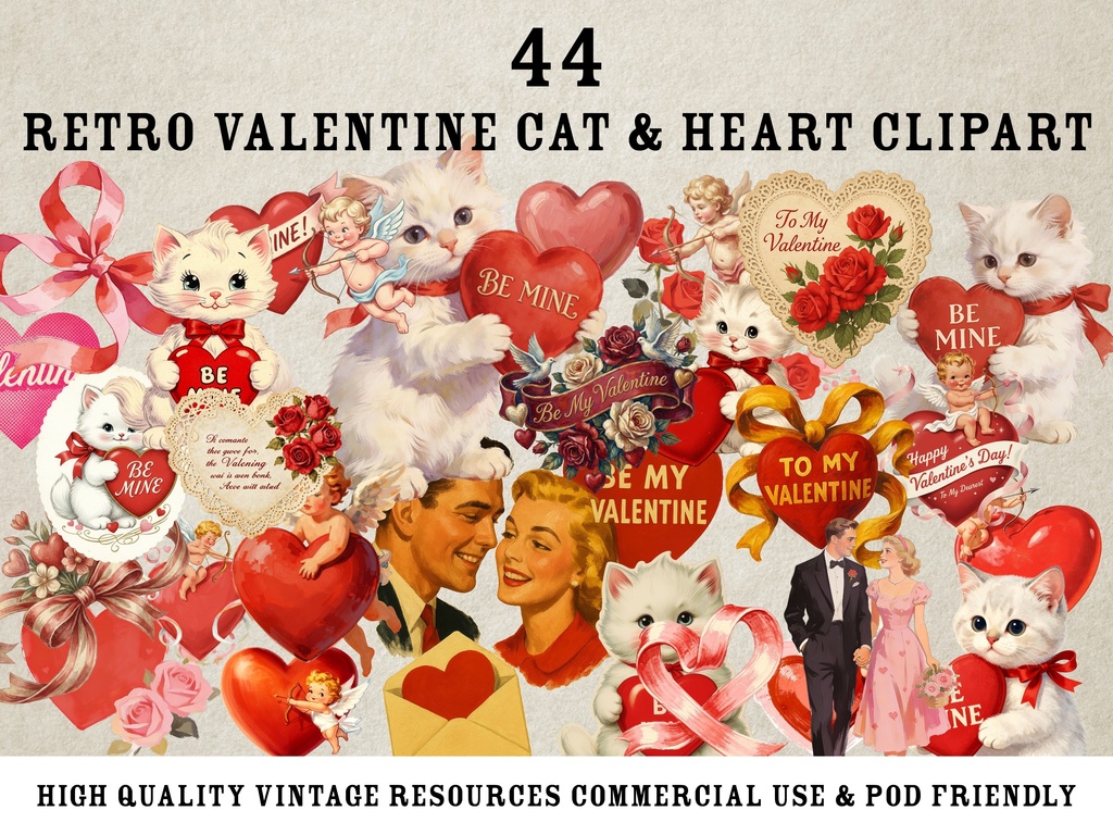 【44点】レトロ・バレンタイン素材集：猫とハートのヴィンテージ風クリップアート（商用利用可）
