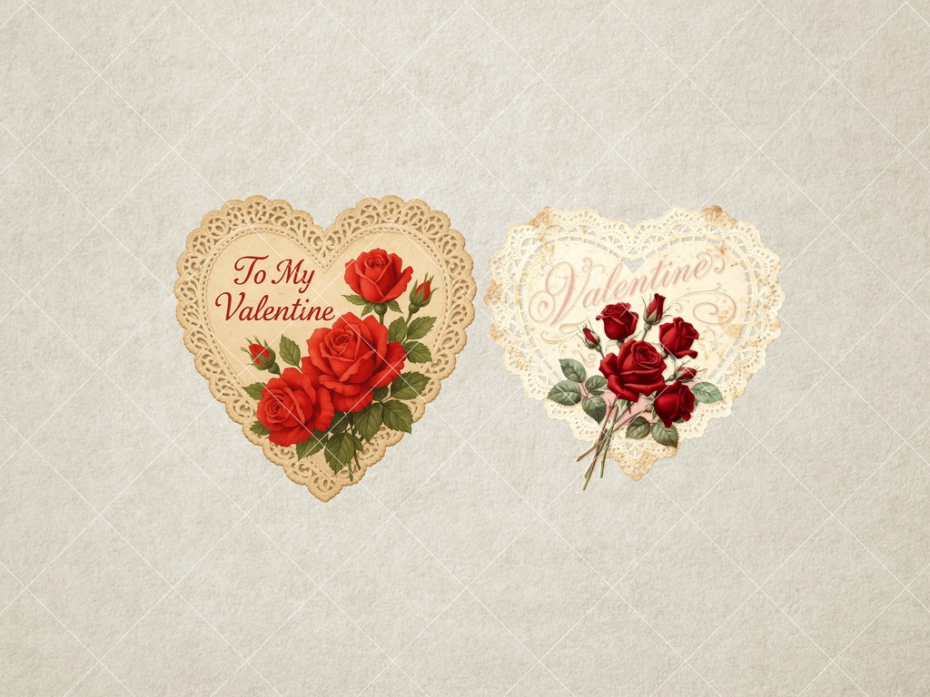 【44点】レトロ・バレンタイン素材集:猫とハートのヴィンテージ風クリップアート(商用利用可)