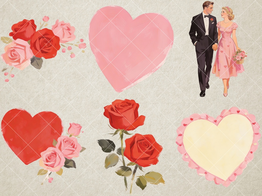 【44点】レトロ・バレンタイン素材集:猫とハートのヴィンテージ風クリップアート(商用利用可)