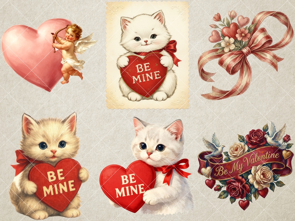 【44点】レトロ・バレンタイン素材集:猫とハートのヴィンテージ風クリップアート(商用利用可)
