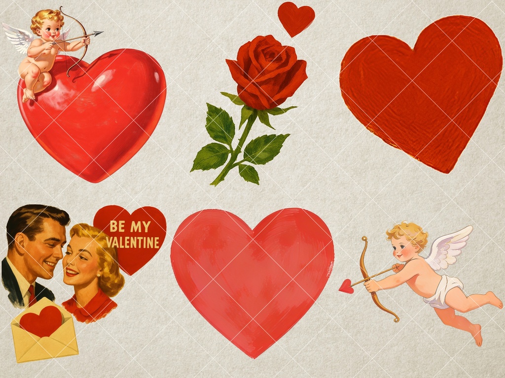 【44点】レトロ・バレンタイン素材集:猫とハートのヴィンテージ風クリップアート(商用利用可)