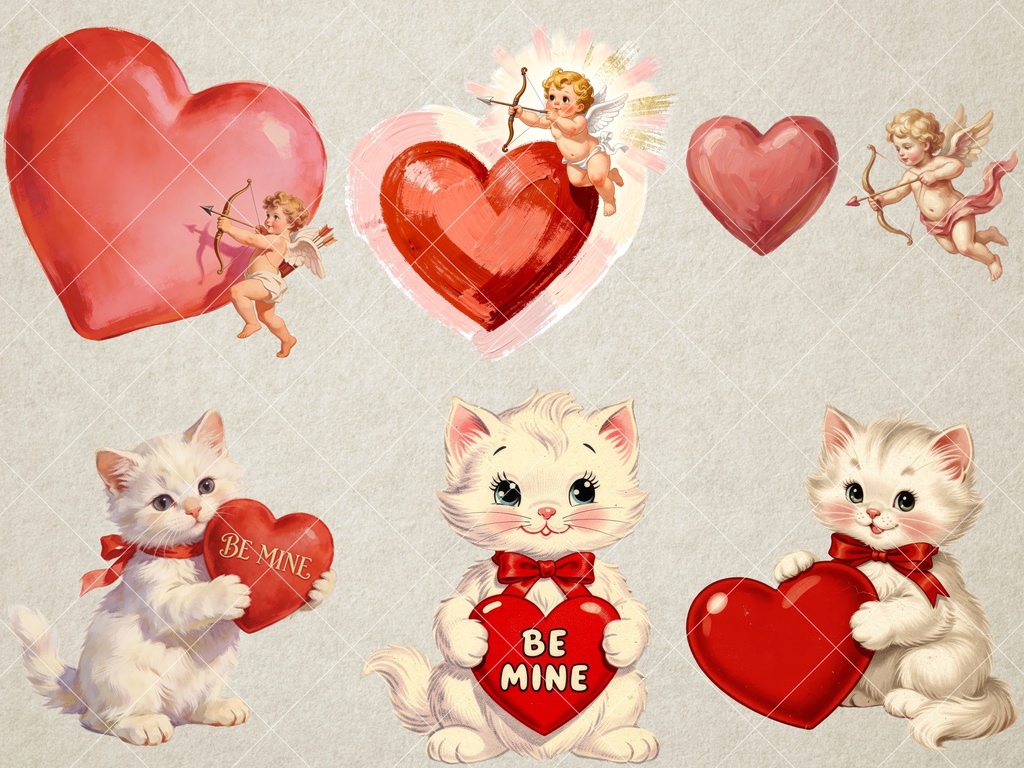 【44点】レトロ・バレンタイン素材集:猫とハートのヴィンテージ風クリップアート(商用利用可)