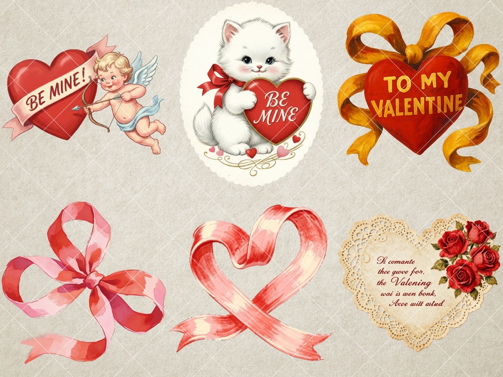 【44点】レトロ・バレンタイン素材集:猫とハートのヴィンテージ風クリップアート(商用利用可)