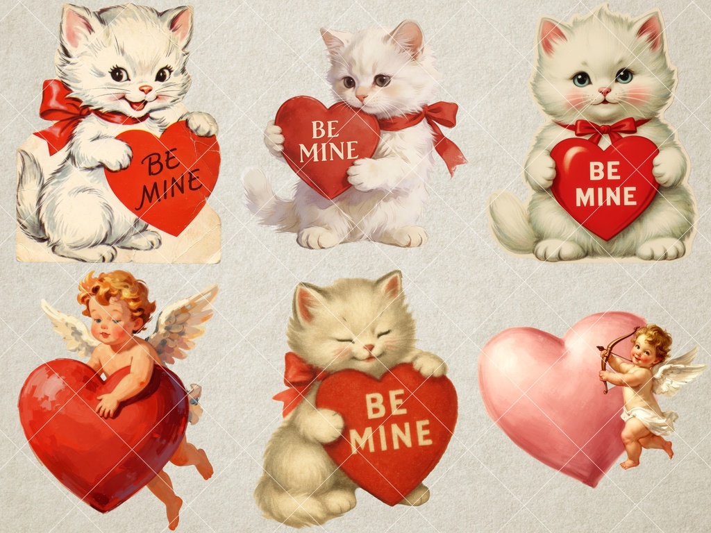 【44点】レトロ・バレンタイン素材集:猫とハートのヴィンテージ風クリップアート(商用利用可)
