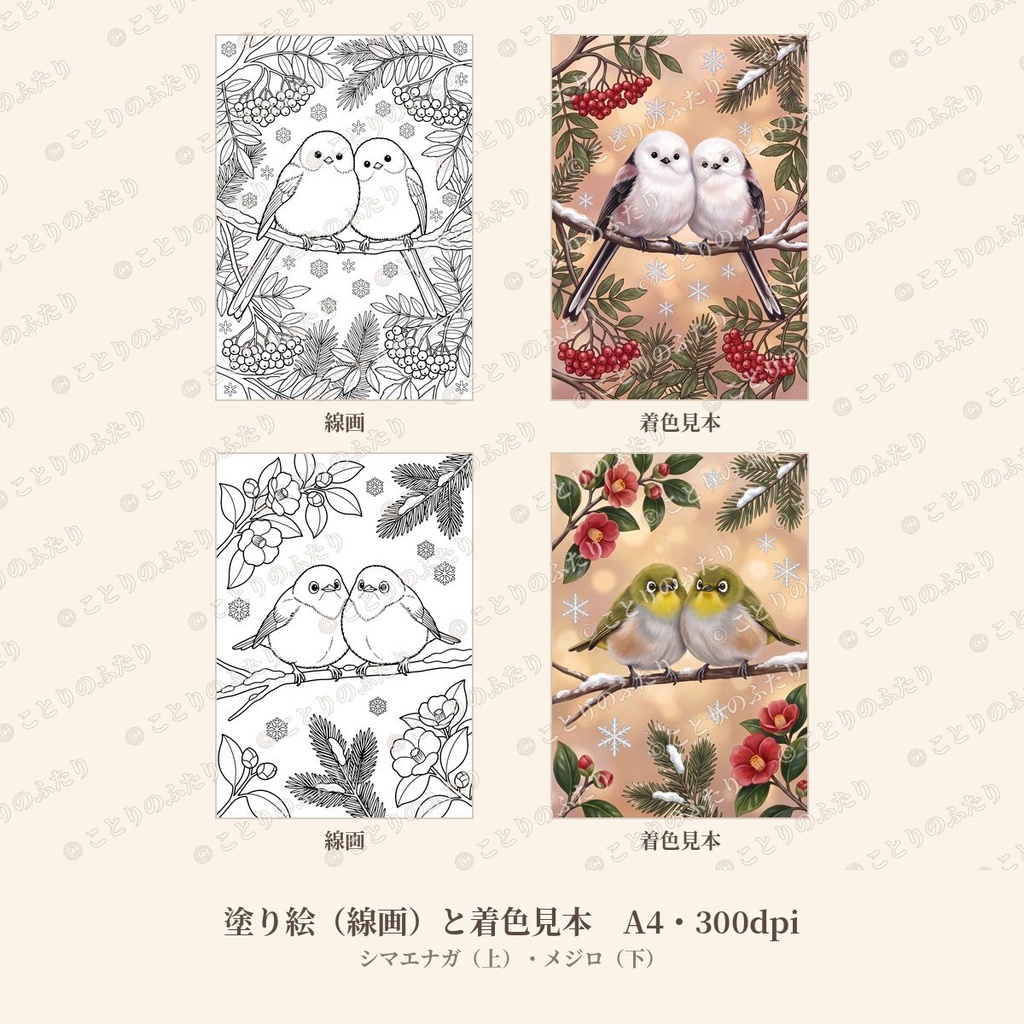 【冬の小鳥】シマエナガとメジロ|つがいの塗り絵・着色見本・デジタルペーパー 全12点|Japanese Winter Birds Colouring Pages & Digital Paper