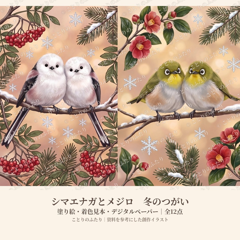 【冬の小鳥】シマエナガとメジロ｜つがいの塗り絵・着色見本・デジタルペーパー 全12点｜Japanese Winter Birds Colouring Pages & Digital Paper