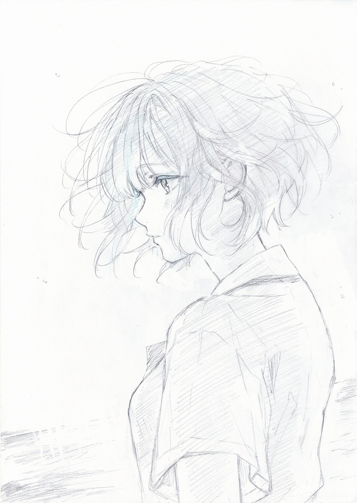 海を眺める少女　鉛筆画【原画】