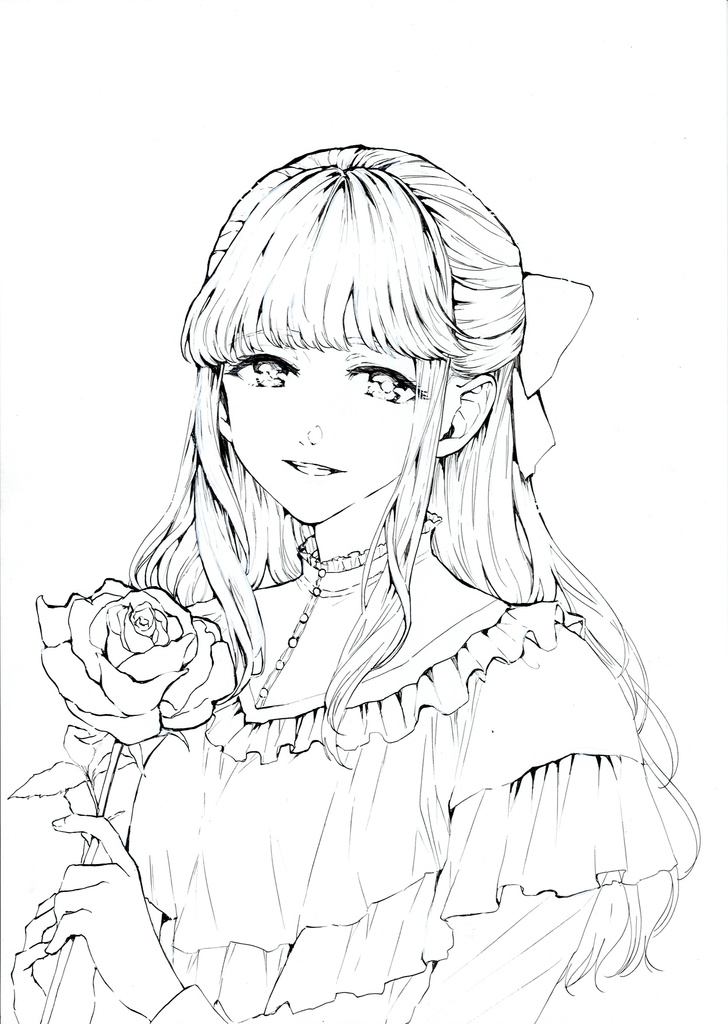 薔薇シリーズ　白ピンクの薔薇　Gペン線画（原画）