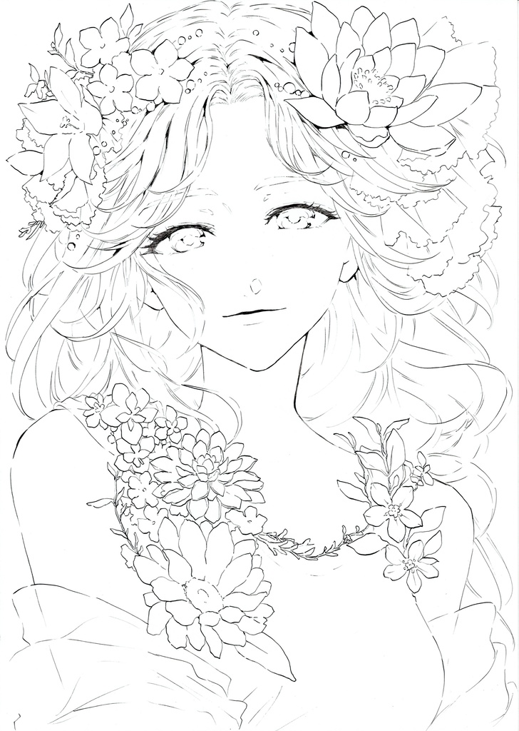 花の三姉妹　【夏】　長女　Gペン線画（原画）