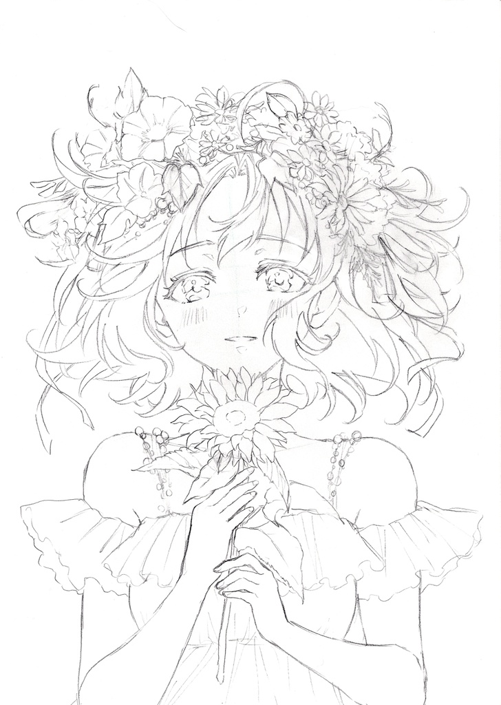 花の三姉妹　【夏】　三女　鉛筆ラフ画【原画】