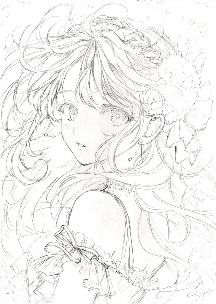 花の三姉妹　【夏】　次女　鉛筆ラフ画【原画】