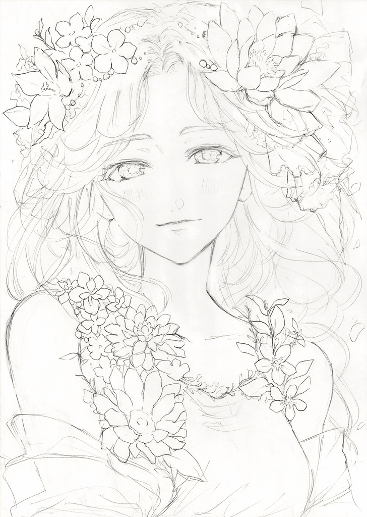 花の三姉妹　【夏】　長女　鉛筆ラフ画【原画】