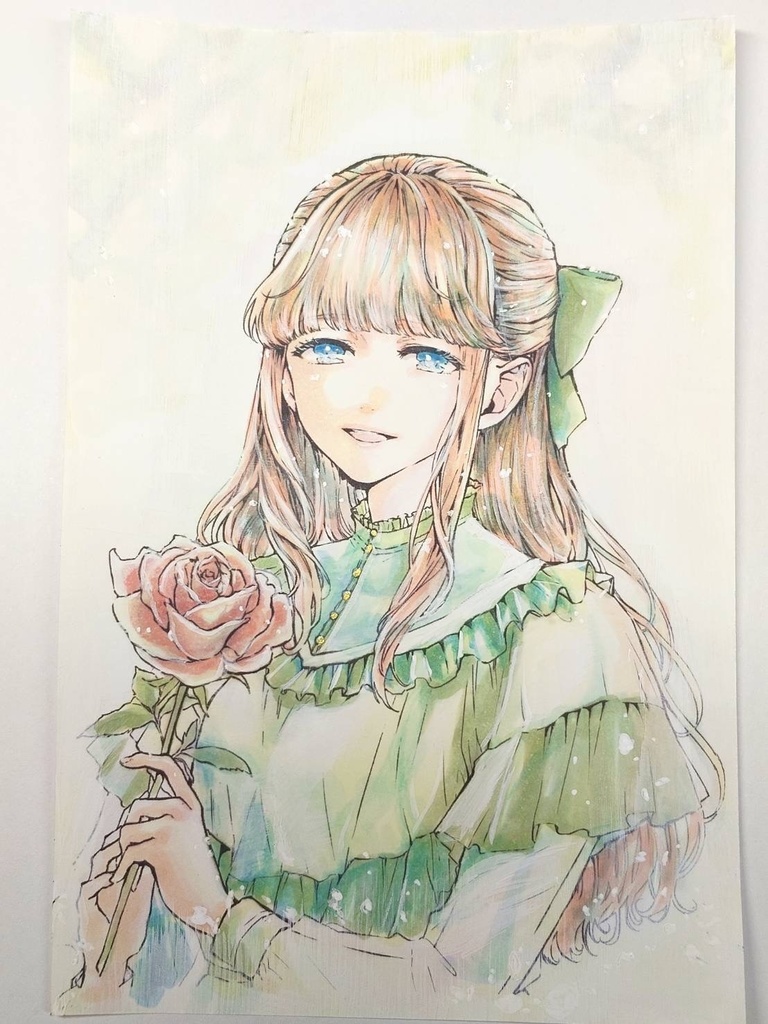 薔薇シリーズ　白ピンクの薔薇【ミニ手描きイラスト】　