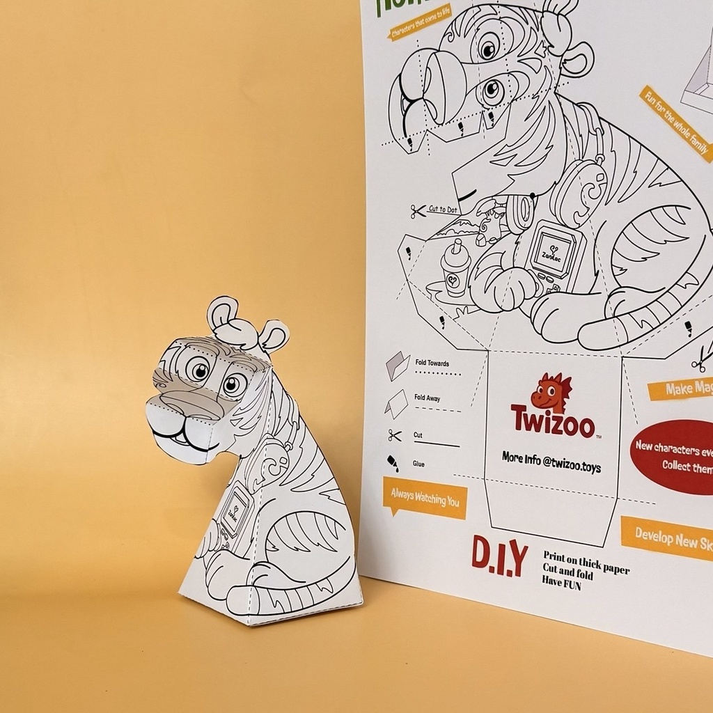 Twizoo • モノクロ虎（A4）｜首が動く！3Dペーパーアニマル・ぬりえOK 