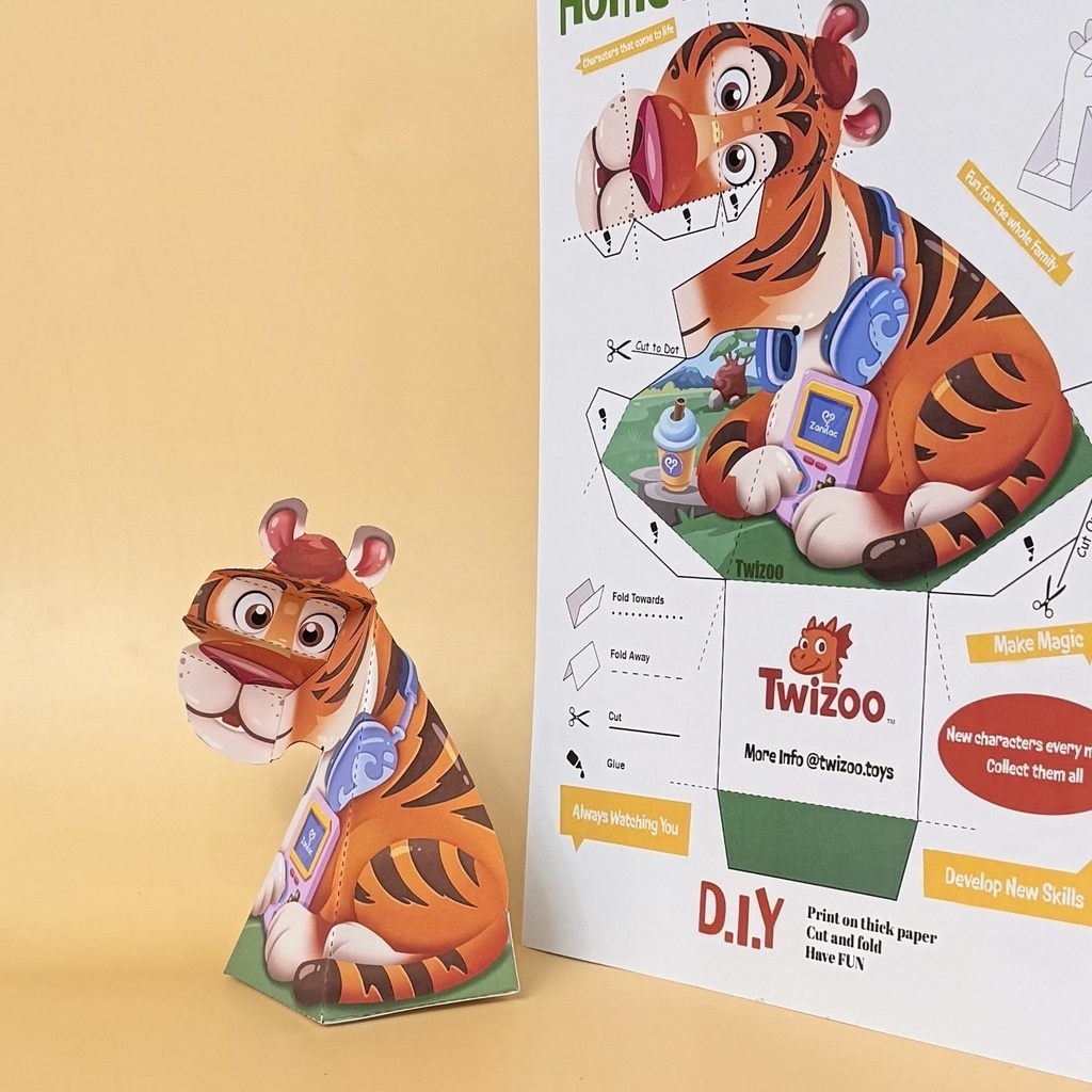 Twizoo • カラー虎（A4）｜首が動く3Dペーパーアニマル