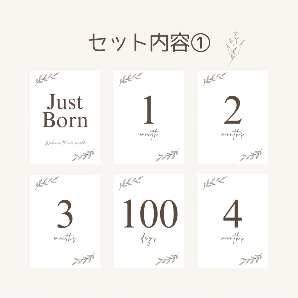 【PDFデータ】マンスリーカード(葉っぱ)|Just Born〜3歳バースデー|月齢カード