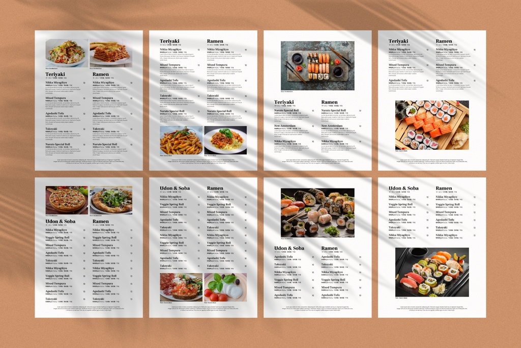 34 Multilingual Food Menu Templates 多言語表記レストランメニューCanvaテンプレート