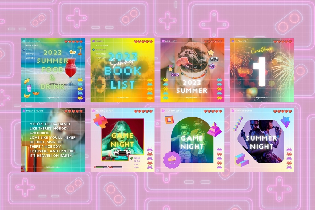 Instagram Templates - Canva Social Media Editable Fun Cute Summer Photo Frame Post - Retro Game