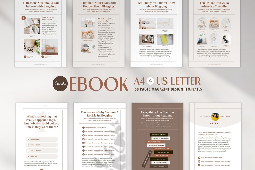 A4&USレター縦位置eBookテンプレートCanva68点セット – Beige