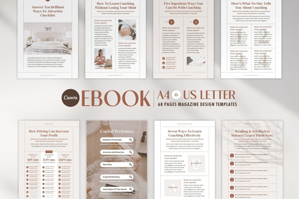 A4&USレター縦位置eBookテンプレートCanva68点セット – Beige