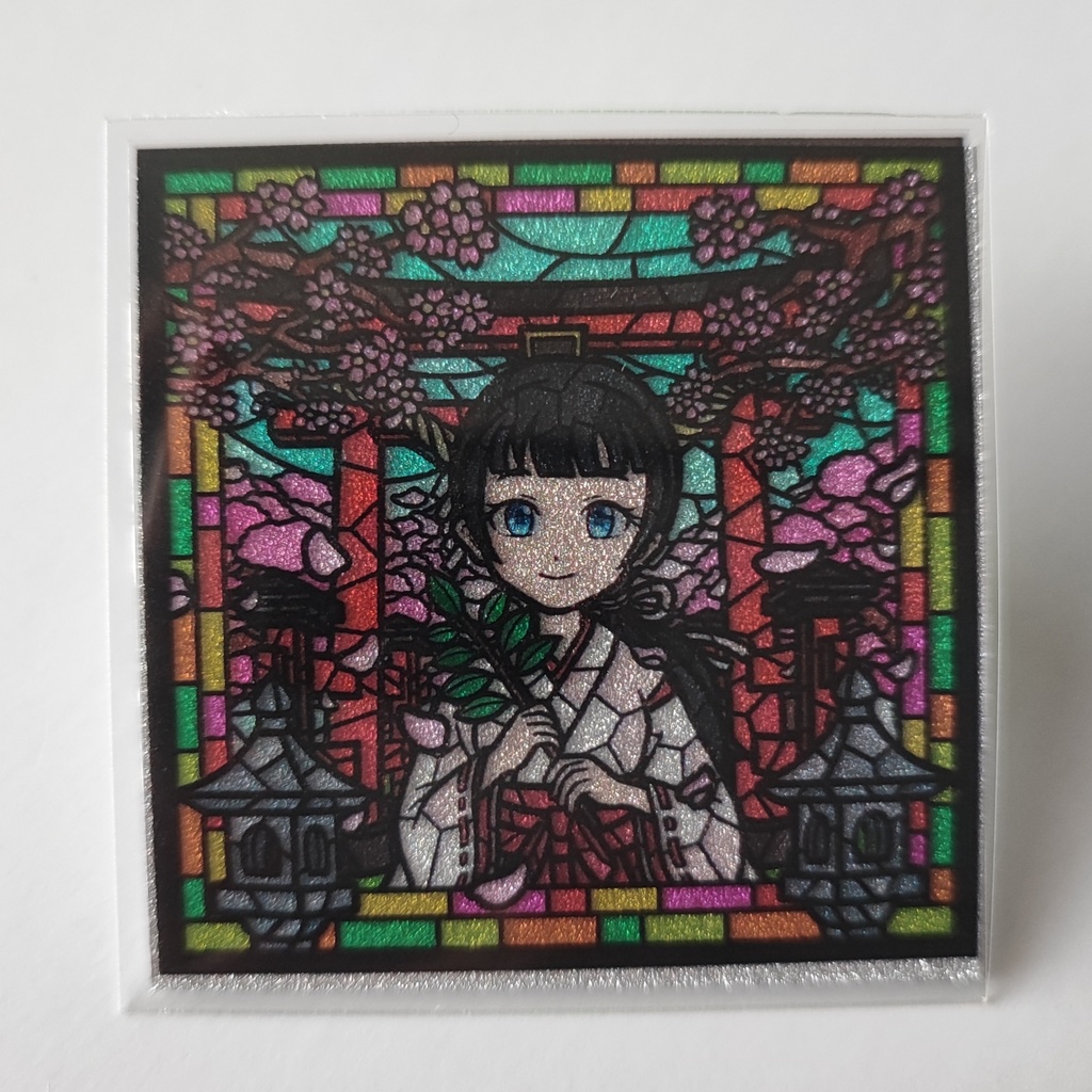ステンドグラスシール「巫女」透明シール白版なしラメ台紙