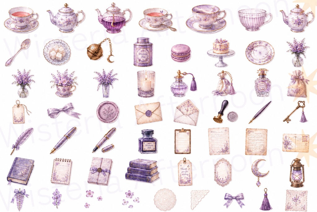 Wisteria Twilight |藤色ティータイム素材集 56種|白背景・背景透過|手帳・Goodnotes・クリップアート