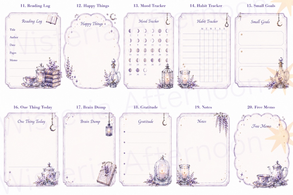 Wisteria Twilight|Night Tea Memo Pack 20種+3種|手帳・Goodnotes・付箋メモ素材