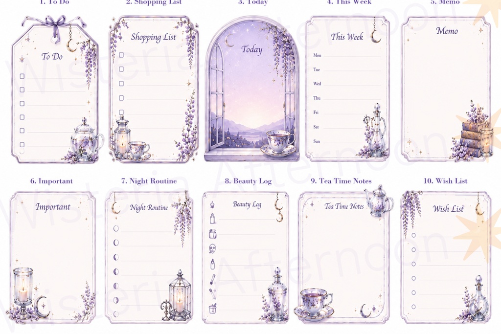 Wisteria Twilight|Night Tea Memo Pack 20種+3種|手帳・Goodnotes・付箋メモ素材