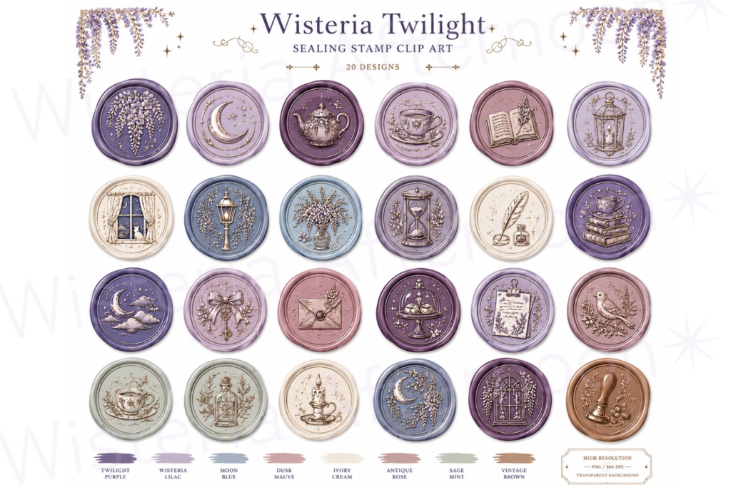 Wisteria Twilight|背景透過PNGあり シーリングスタンプ風クリップアート|手帳・Goodnotes・コラージュ素材