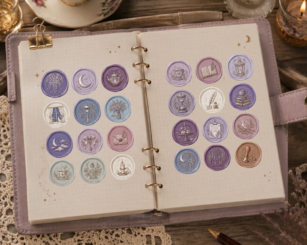 Wisteria Twilight|背景透過PNGあり シーリングスタンプ風クリップアート|手帳・Goodnotes・コラージュ素材
