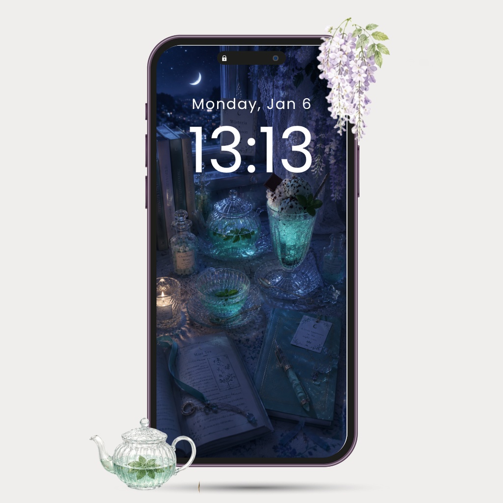 Wisteria Mint Tea|スマホ壁紙 + プリントアートセット|藤とミントティーの静かなティータイム(4枚セット)
