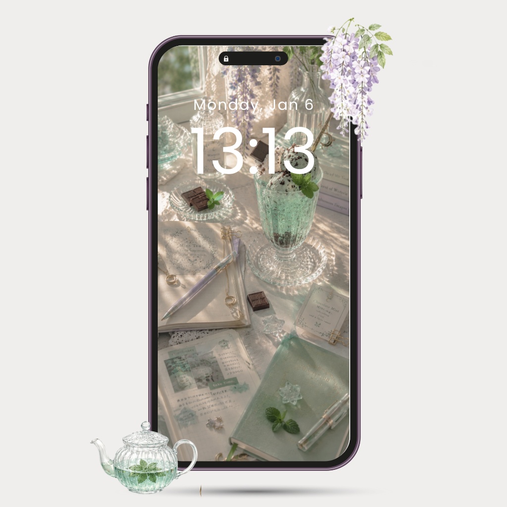 Wisteria Mint Tea|スマホ壁紙 + プリントアートセット|藤とミントティーの静かなティータイム(4枚セット)