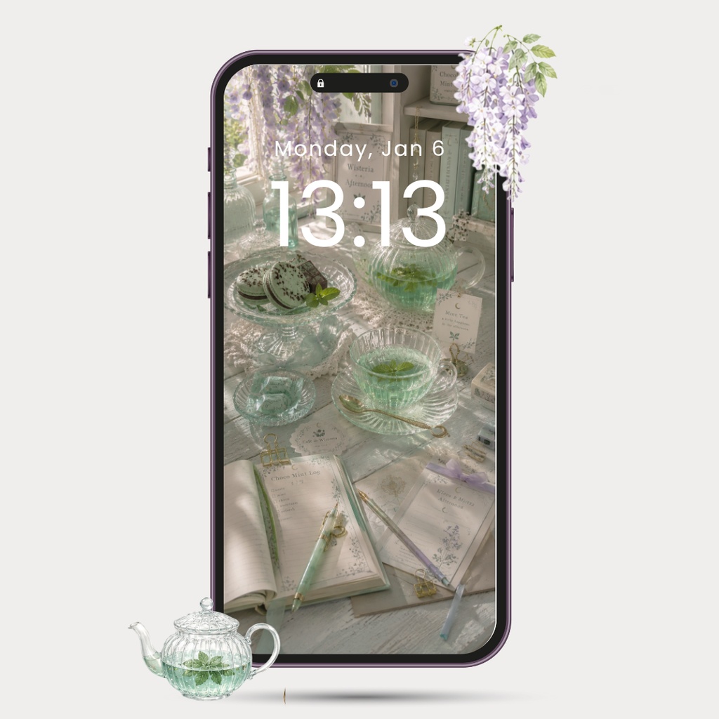 Wisteria Mint Tea|スマホ壁紙 + プリントアートセット|藤とミントティーの静かなティータイム(4枚セット)