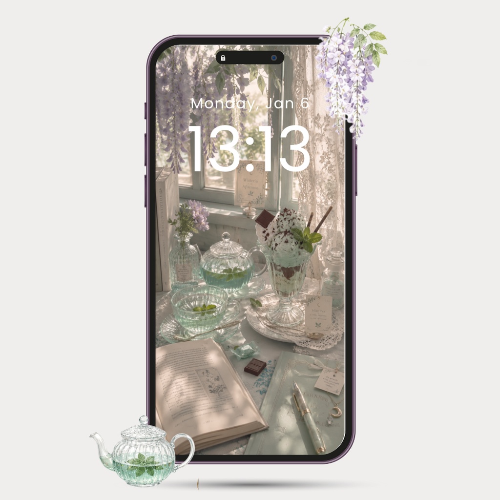 Wisteria Mint Tea|スマホ壁紙 + プリントアートセット|藤とミントティーの静かなティータイム(4枚セット)