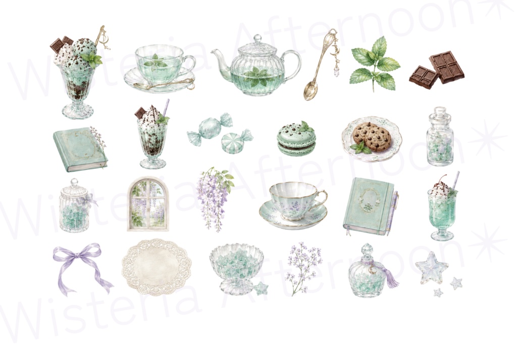 Wisteria Mint Tea|背景透過PNGシート 手帳・Goodnotes対応 藤とミントティーのクリップアートセット / 背景透過クリップシート付き