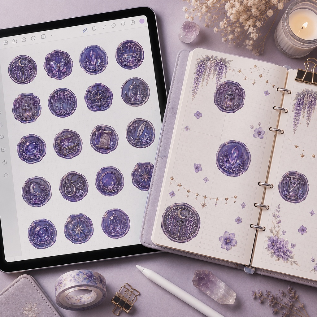 Wisteria Twilight|背景透過PNGシート 魔法のシーリングスタンプ風クリップアート素材セット|手帳・Goodnotes・コラージュ用