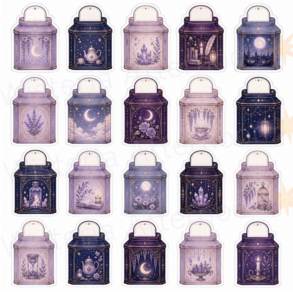 Wisteria Twilight|背景透過PNGあり 魔法のティー缶クリップアート素材セット|手帳・Goodnotes・コラージュ用