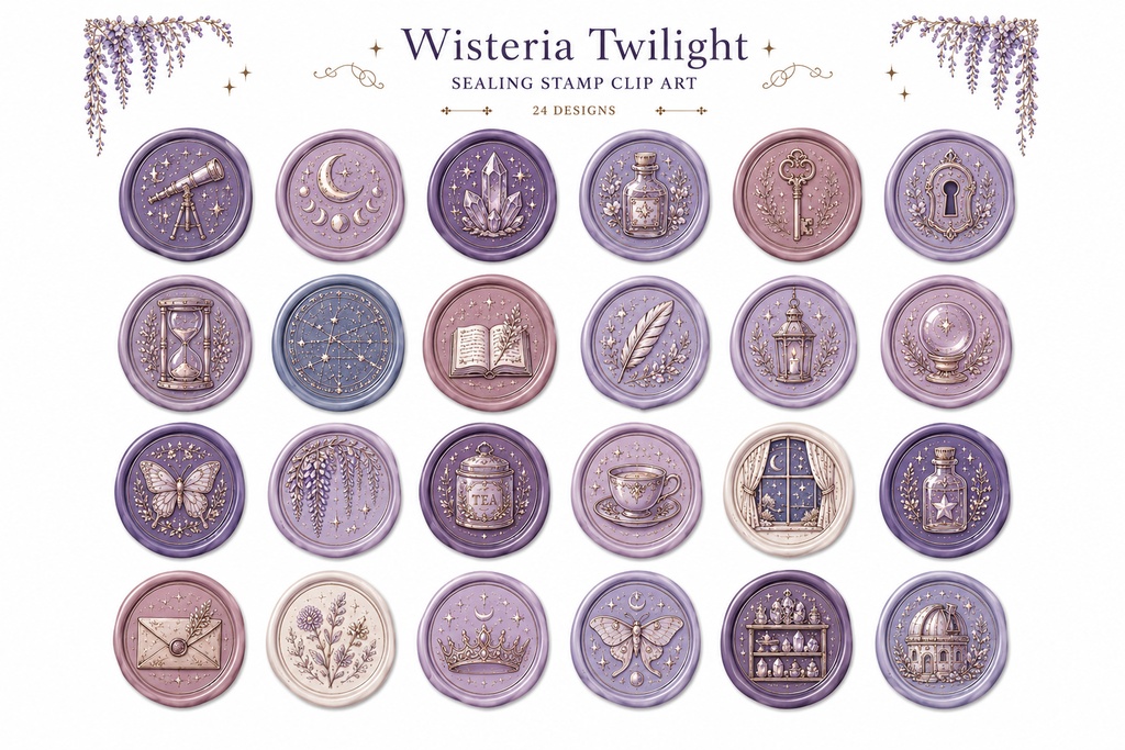 Wisteria Twilight シーリングスタンプ風クリップアート素材セット|背景透過PNG・白背景シート|手帳デコ・Goodnotes・コラージュ素材