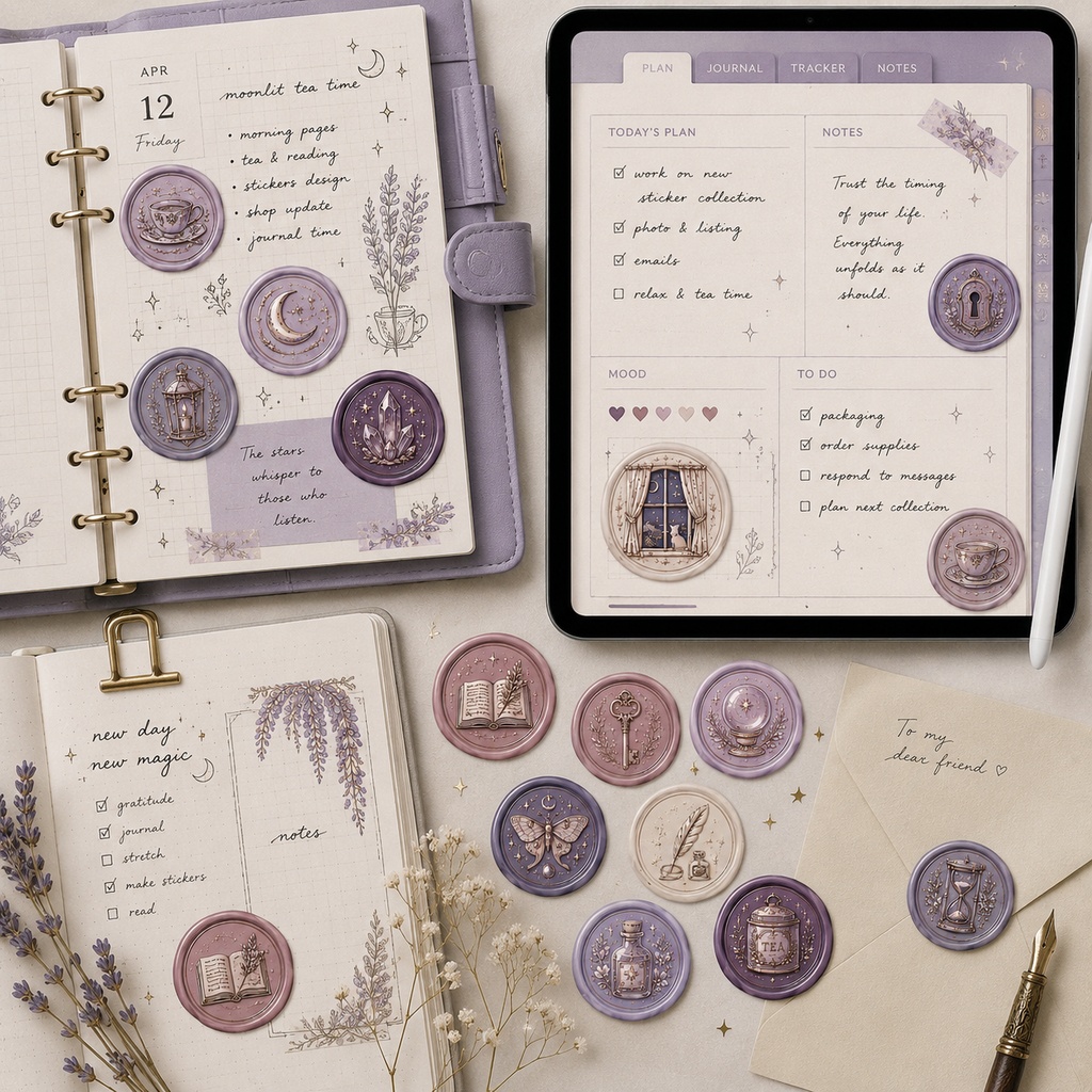 Wisteria Twilight シーリングスタンプ風クリップアート素材セット|背景透過PNG・白背景シート|手帳デコ・Goodnotes・コラージュ素材