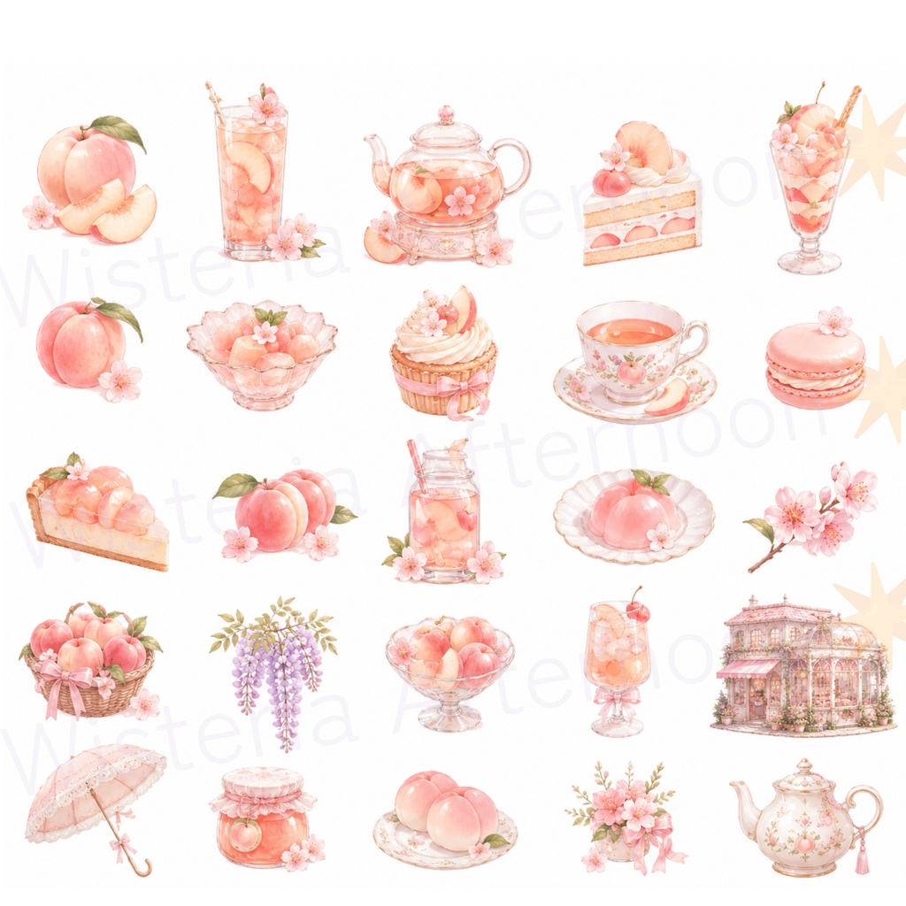 Wisteria Peach|桃と桜のティータイム 背景透過PNG素材セット&クリップシート|手帳デコ・Goodnotes・コラージュ素材
