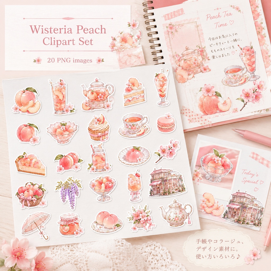 Wisteria Peach|桃と桜のティータイム 背景透過PNG素材セット&クリップシート|手帳デコ・Goodnotes・コラージュ素材