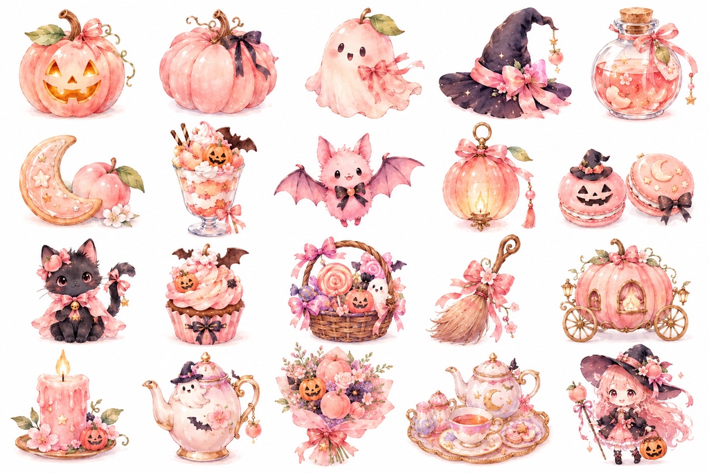 Wisteria Peach|ピーチハロウィン 背景透過PNG素材セット&デザインペーパーシート|手帳デコ・Goodnotes・クリップアート