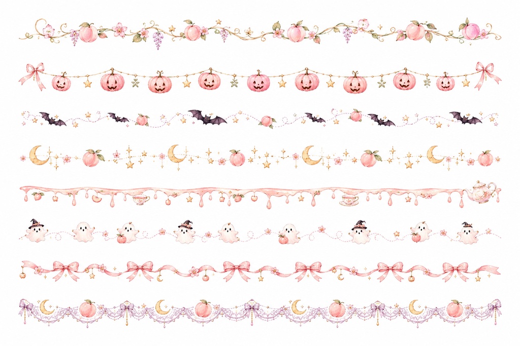 Wisteria Peach|ピーチハロウィン 背景透過PNG素材セット&デザインペーパーシート|手帳デコ・Goodnotes・クリップアート
