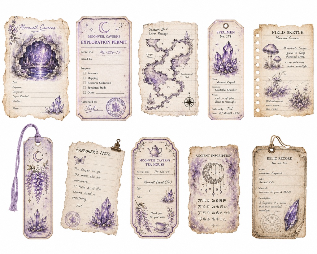 Moonveil Caverns 幻想探検ジャーナル 背景透過PNG素材セット|手帳コラージュ・Goodnotes・クリップアート