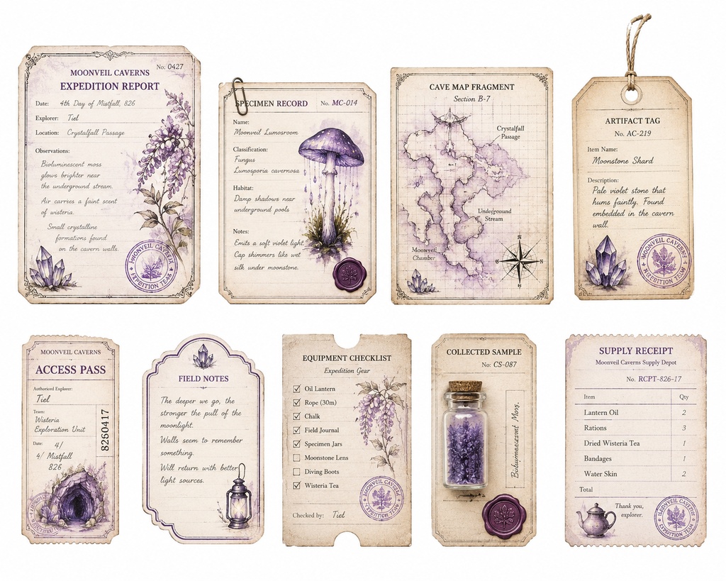 Moonveil Caverns 幻想探検ジャーナル 背景透過PNG素材セット|手帳コラージュ・Goodnotes・クリップアート