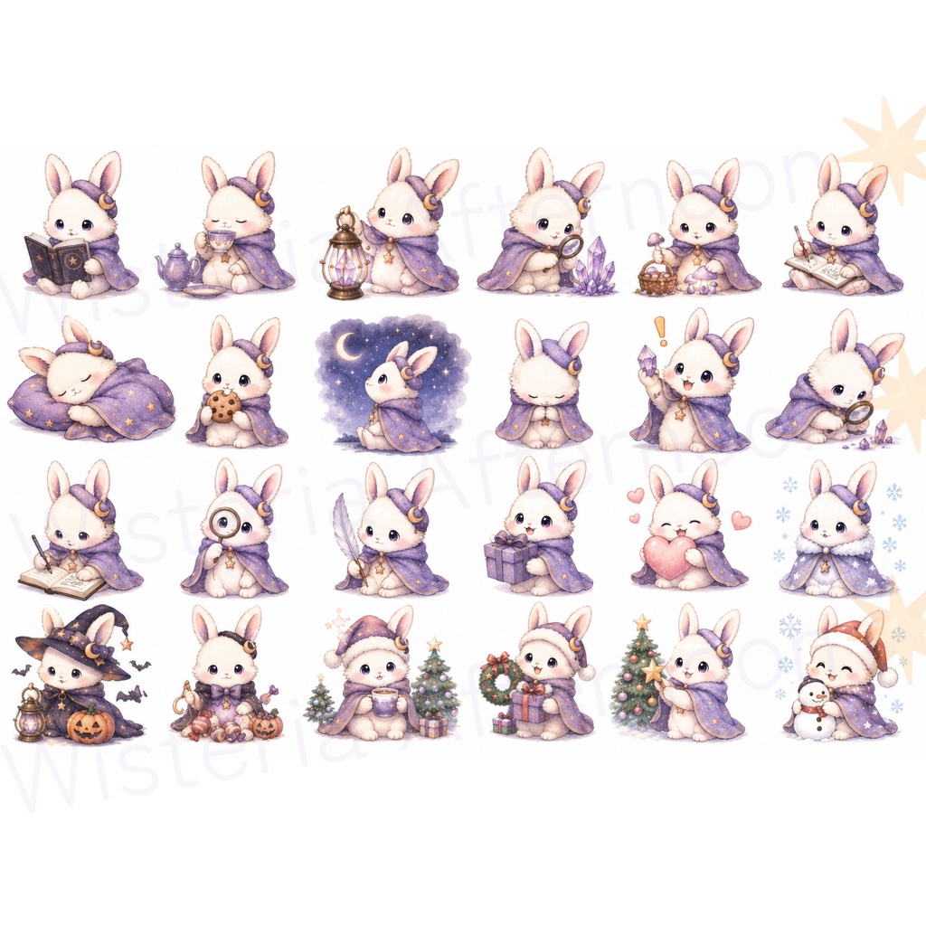 Moonveil Bunny 魔法うさぎのプランナーステッカー&クリップアート|Goodnotes・デジタル手帳・背景透過PNGセット