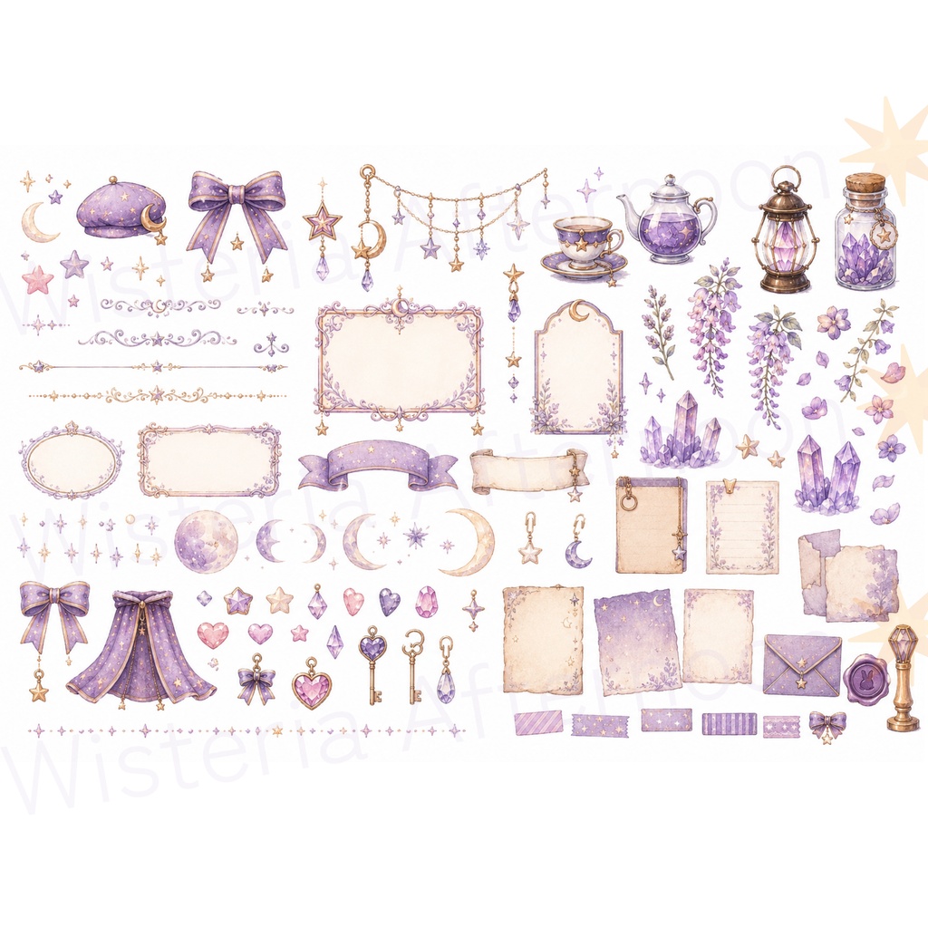 Moonveil Bunny 魔法うさぎのプランナーステッカー&クリップアート|Goodnotes・デジタル手帳・背景透過PNGセット